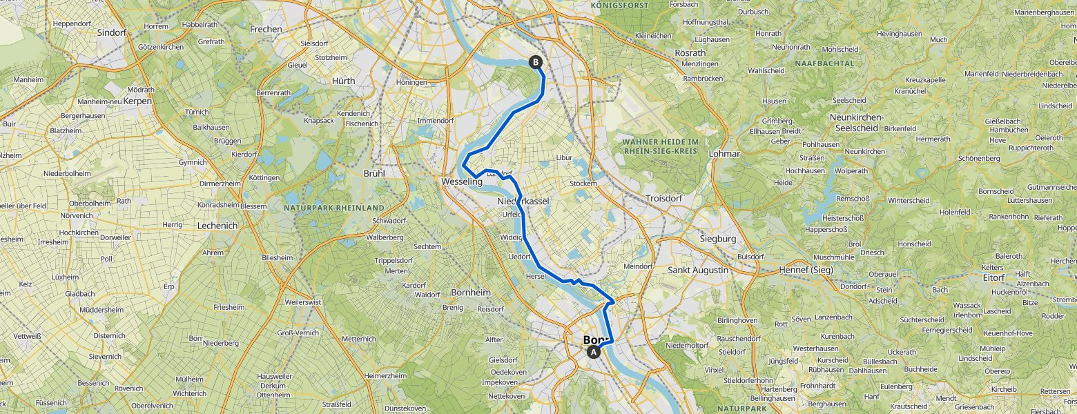 Bonn to Köln along the Rhine Map Image