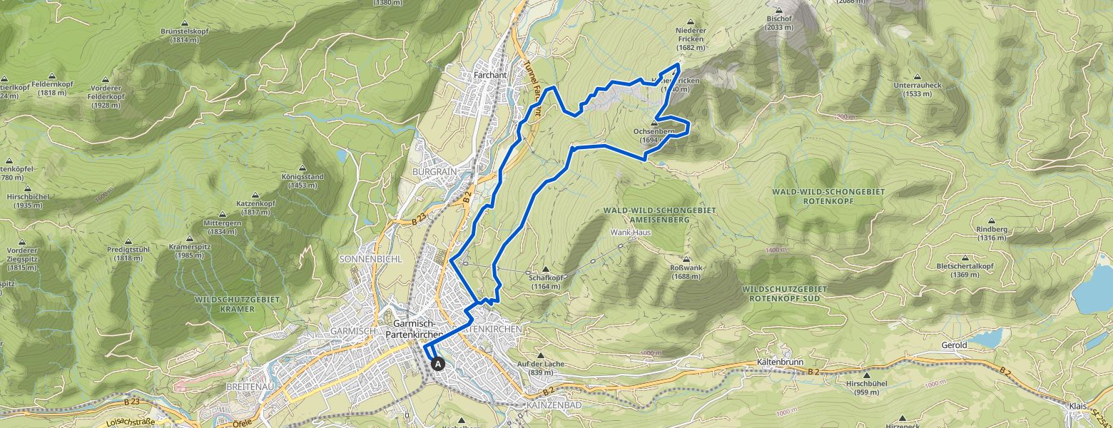 Hoher Fricken Mountain, ascend via west face, descend via east face map