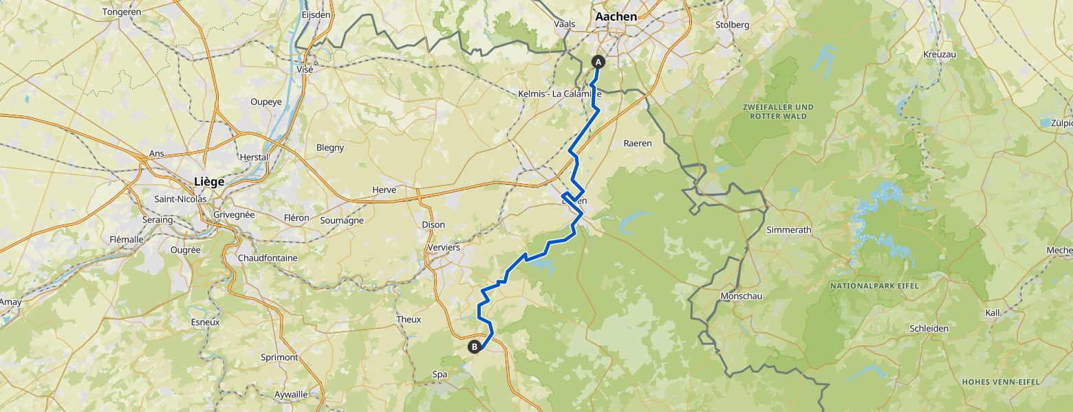 On foot to the Ardennes - Day 1 - From Aachen to Tiège map