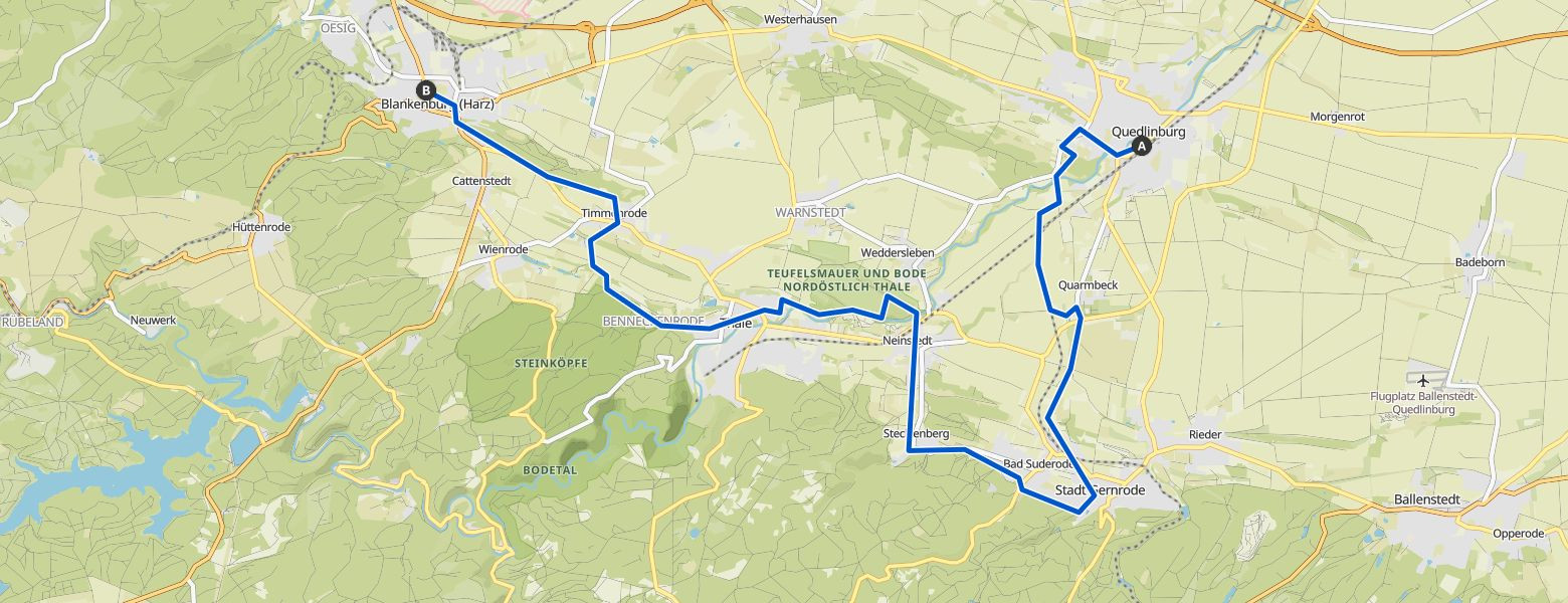 Harzer Klosterwanderweg - Day 1 - From Quedlinburg to Blankenburg Map Image