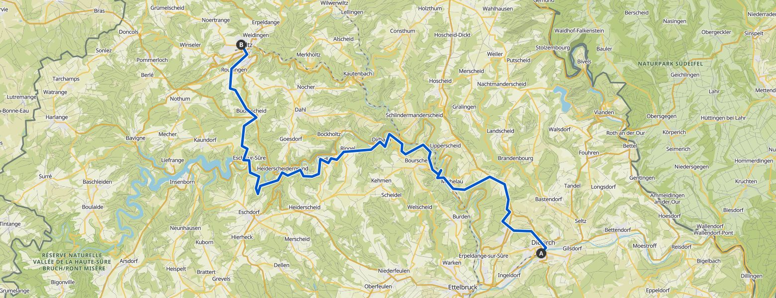 from Luxembourg to Tenneville - Day 2 - from Diekirch to Wiltz map